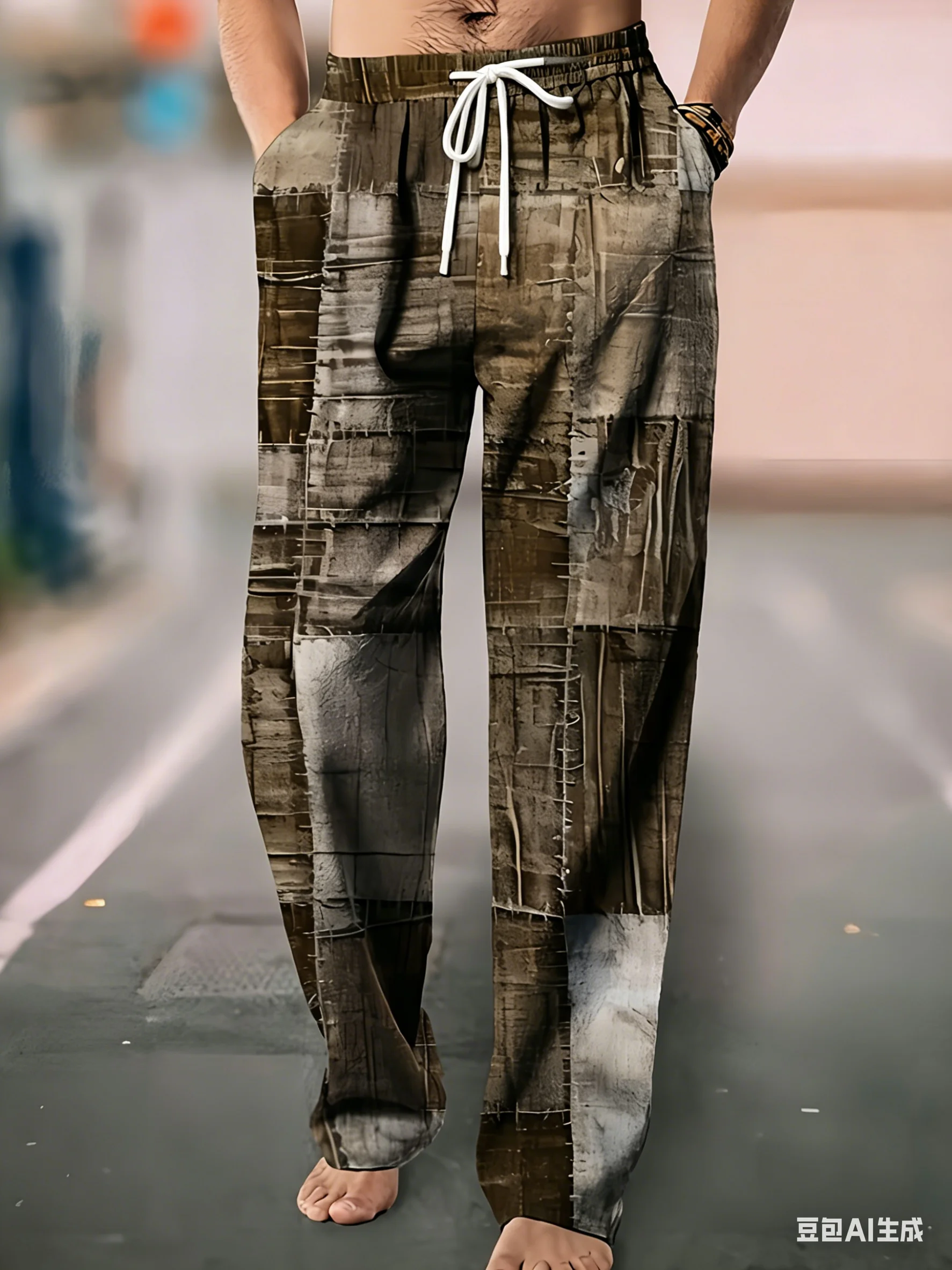 Casual Geometric Splicing Unisex Pants with Retro Ethnic 3D Printing, Mid Waist Drawstring Closure, Summer Wide Leg Beach Pants