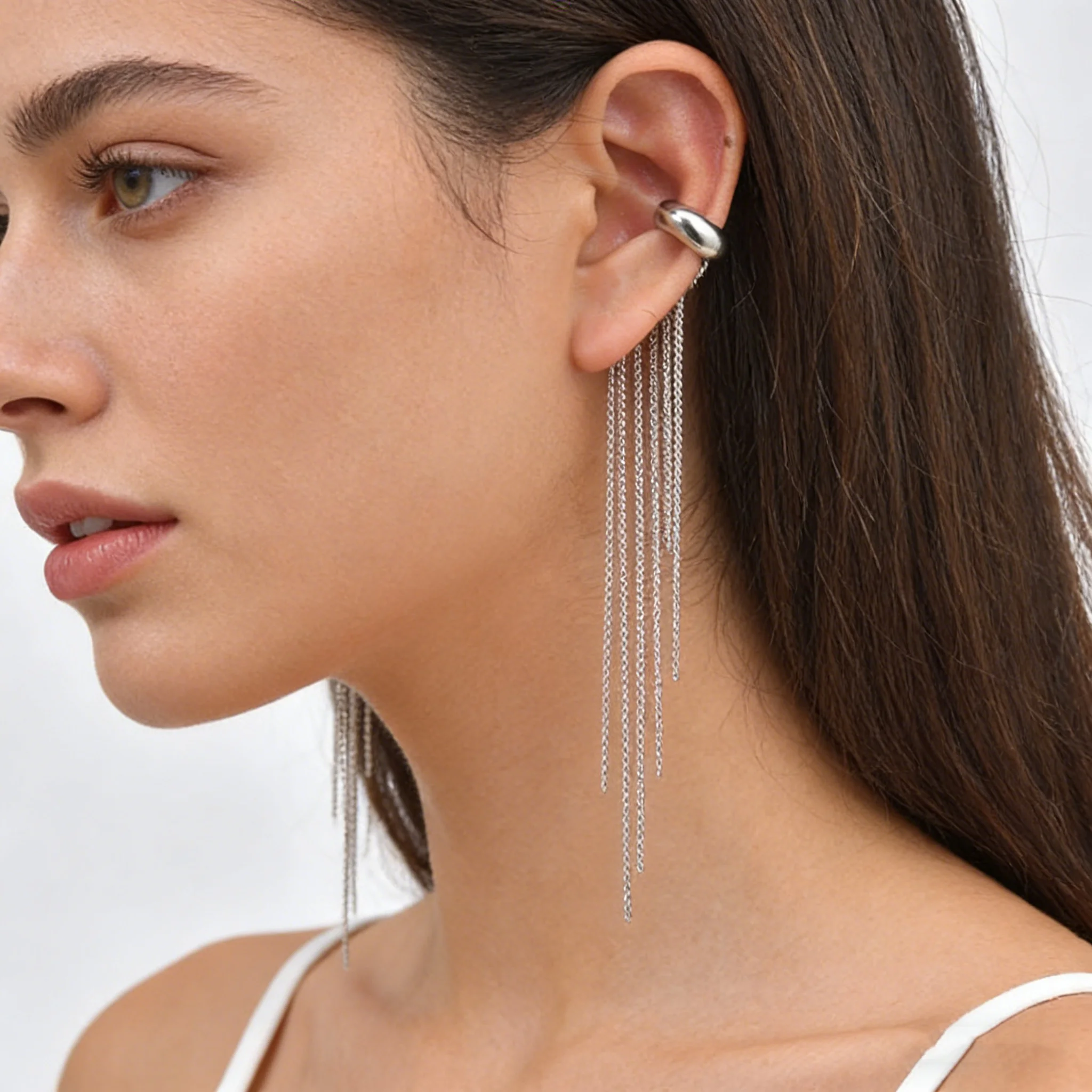 Clip de Oreja con Borla Larga en Forma de C, Falso Piercing, para Mujer, Chapado en Oro, Acero Inoxidable, Clip para Hueso de Oreja, Pendientes, Ear Cuff