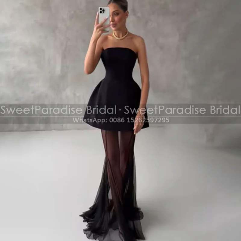 

A Line Evening Dress Strapless Long Customized Black Satin and Tulle Sleeveless Prom Dresses Party For Women