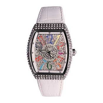 Orologio da donna al quarzo Tonneau di lusso con strass pieno 3D Stereo colore semplice quadrante arabo Design cinturino in pelle donna regali
