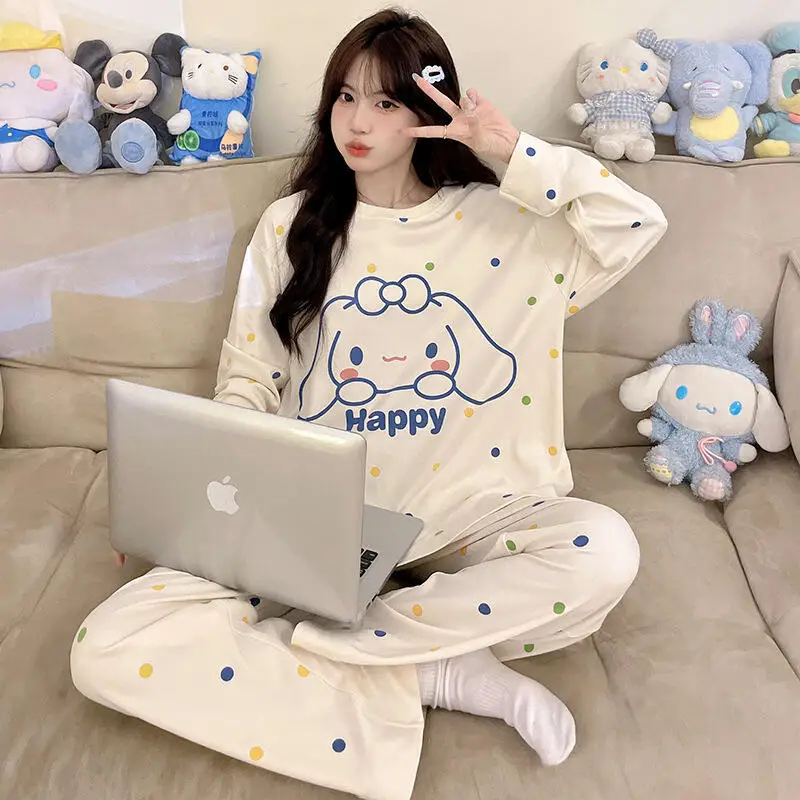 Cotton Pajamas Cartoon Kuromi Female Spring Autumn Homewear Cute Girls Sweet Long Sleeves Pants Large Size Lounge Clothes Suit