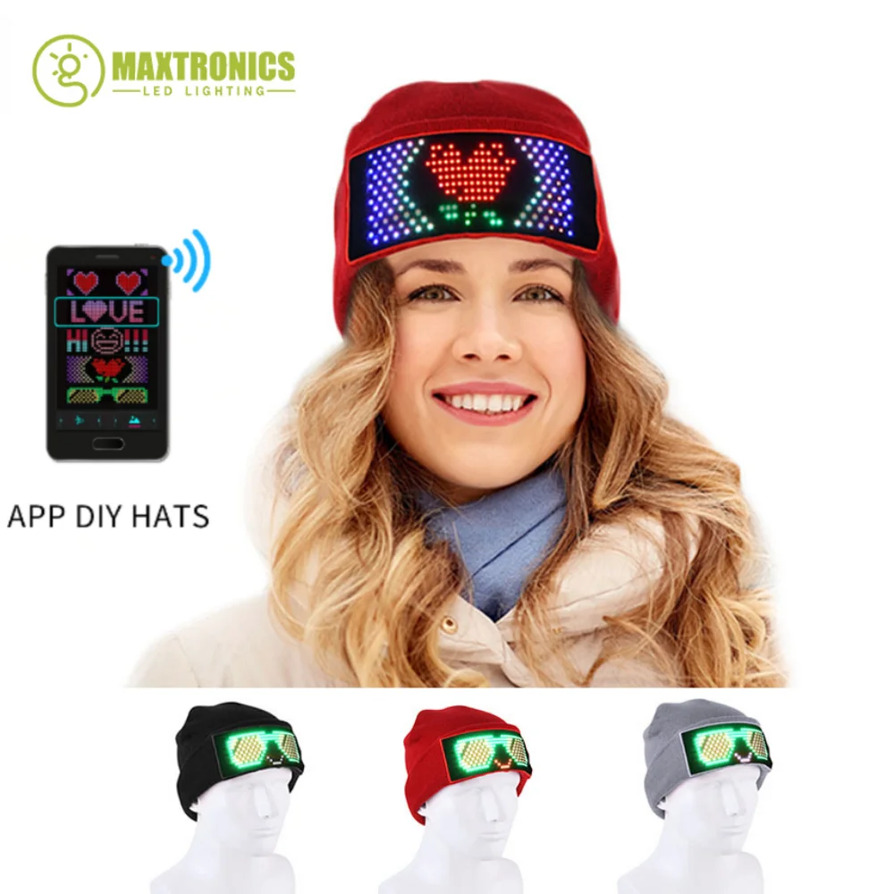 LED Pixel Hat/Glasses Bluetooth App Control Warm Knitted Hat Man / Women Party Multiple Languages USB Charge Flashing Led Screen