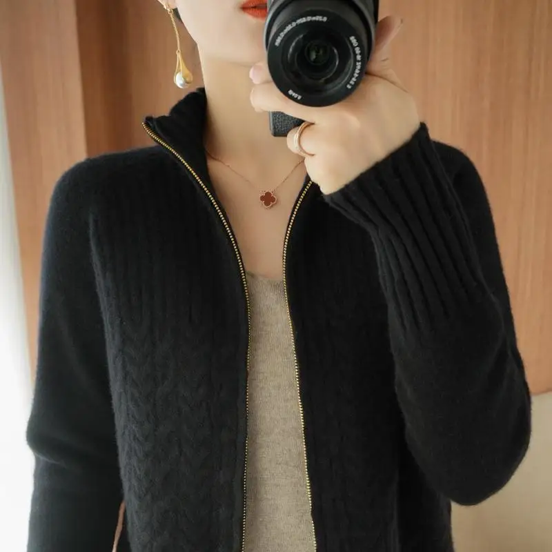 Zippered Sweater Jacket Women Knitted Cardigan Short Stand Collar Loose New Large Size Top