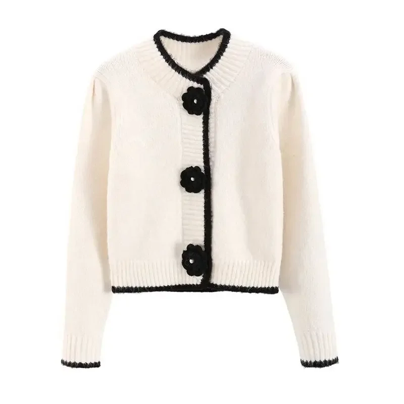 Korejpaa French Gentle Knit Cardigan Women Autumn Winter New Temperament Short Sweater Coat Sweet 3D Flower Button Clothes