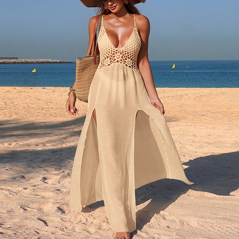 

Women's Summer Beach Knit Patchwork Cover-Up Dress with Sexy Open Back Tie-Detail Vacation Travel Beach Fashion Maxi Dress