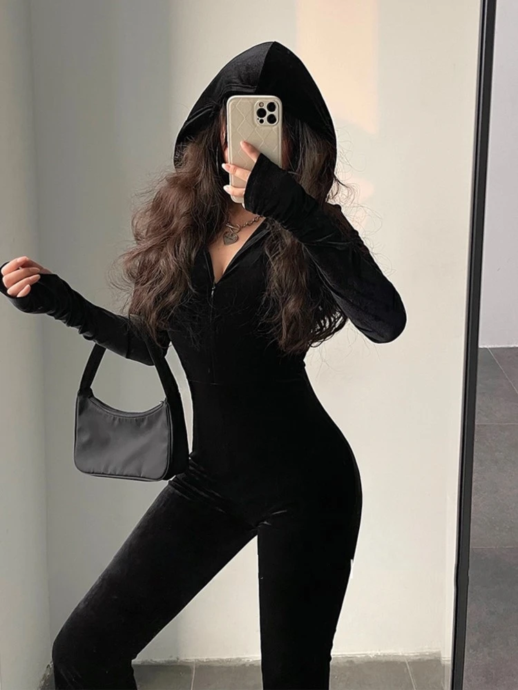 Autumn Sexy Bodycon Black Velvet Jumpsuit Women Fashion Hooded Zipper Flare Pants Rompers Vintage Y2k Streetwear Winter Outfits