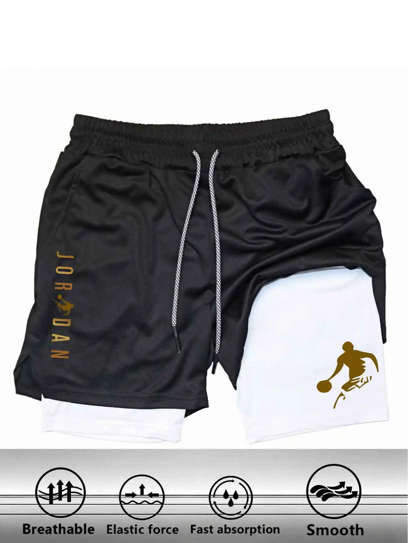 Men's compression fitness shorts printed sports pants, double-layer design, quick drying fabric, basketball sports, fitness
