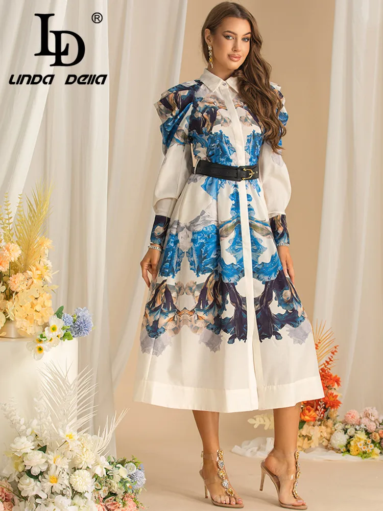 LD LINDA DELLA-vestido informal de otoño para mujer, traje de manga larga con un solo pecho, estampado elegante con cinturón, nuevo estilo