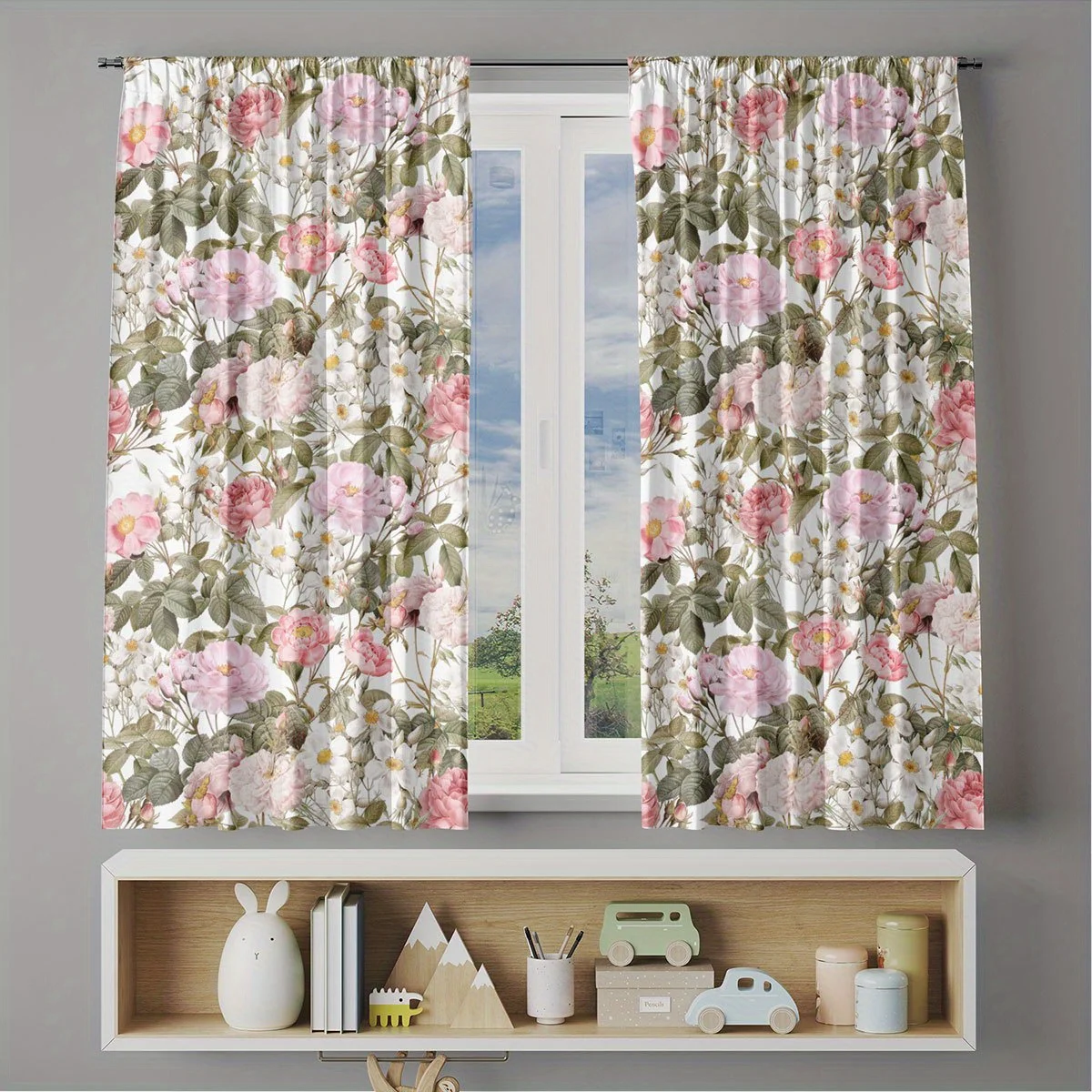 Ultra Large Floral Print Curtains Polyester Window Drapes Pair Romantic Cottagecore Boho Home Decor Sunlight Filtering Panel