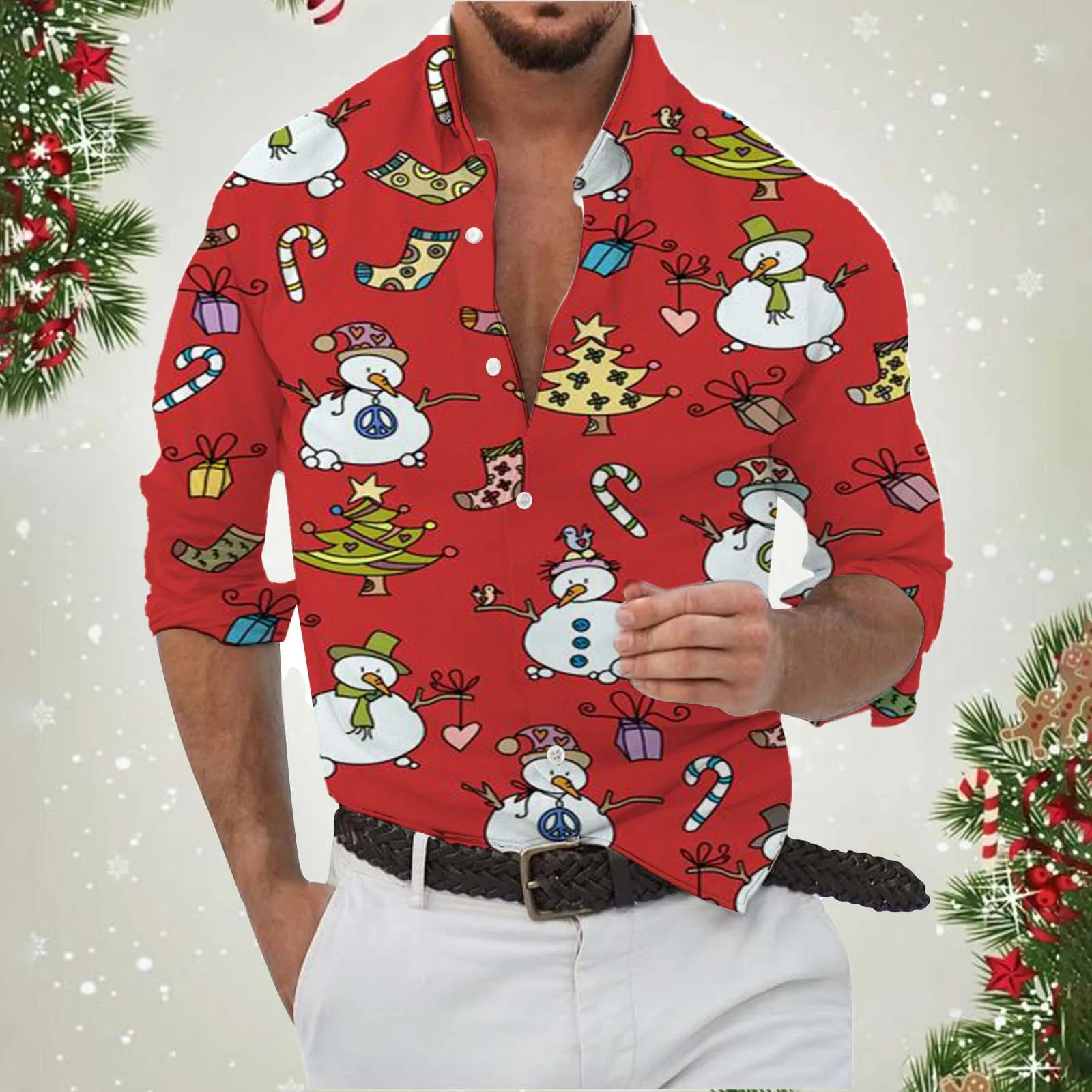 Christmas Long Sleeve Shirt Lapel Men\'s Button Up Shirt 2024 Autumn Christmas Snowman 3D Printed Men\'s Casual Party Holiday Tops