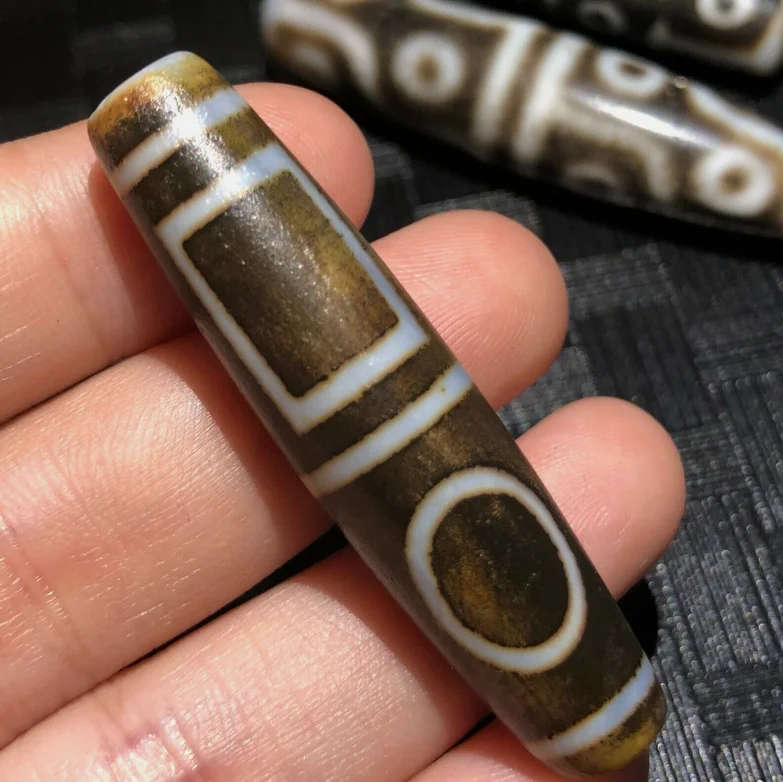 Magic Power Tibetan Old Agate Double Heaven&Earth Totem dZi Bead 11*48mm