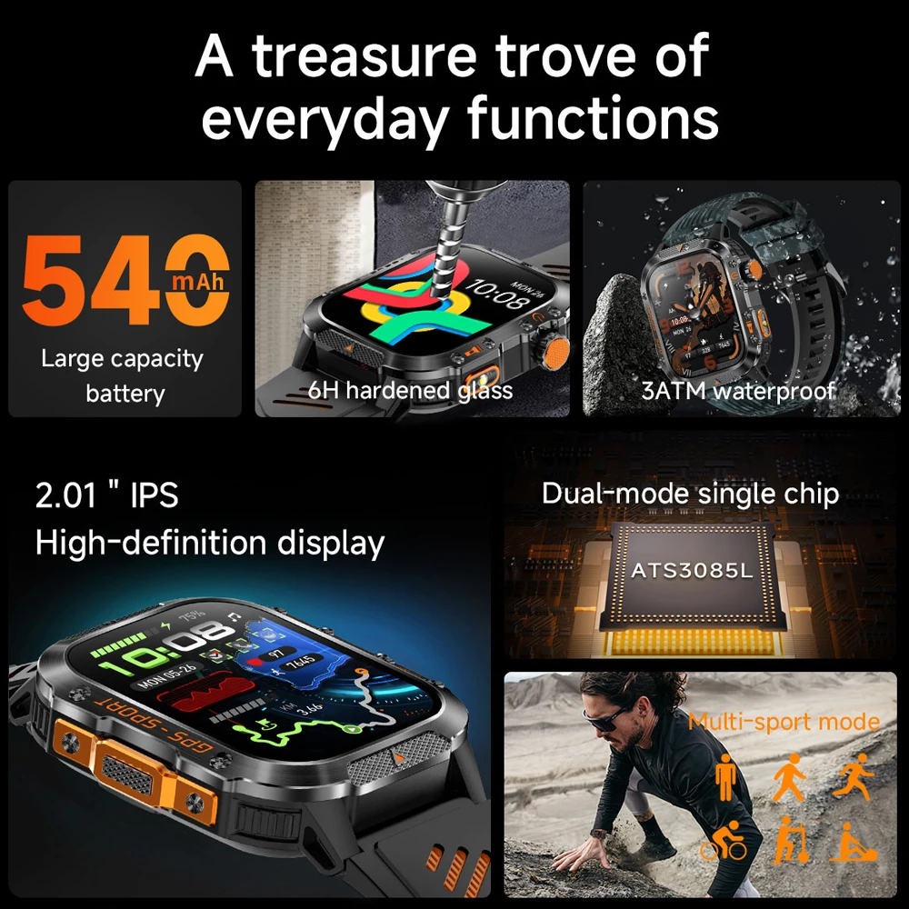 Built-in GPS Sports Smart Watch Men 540 mAh 10ATM waterproof Swim Watch Altimeter Barometer Compass Military Outdoor Smartwatch