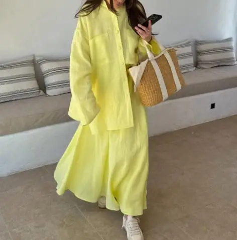 

Women's Clothing 2025 Summer New Casual Loose Long Sleeved Shirt Half Skirt Yellow Fashion Set