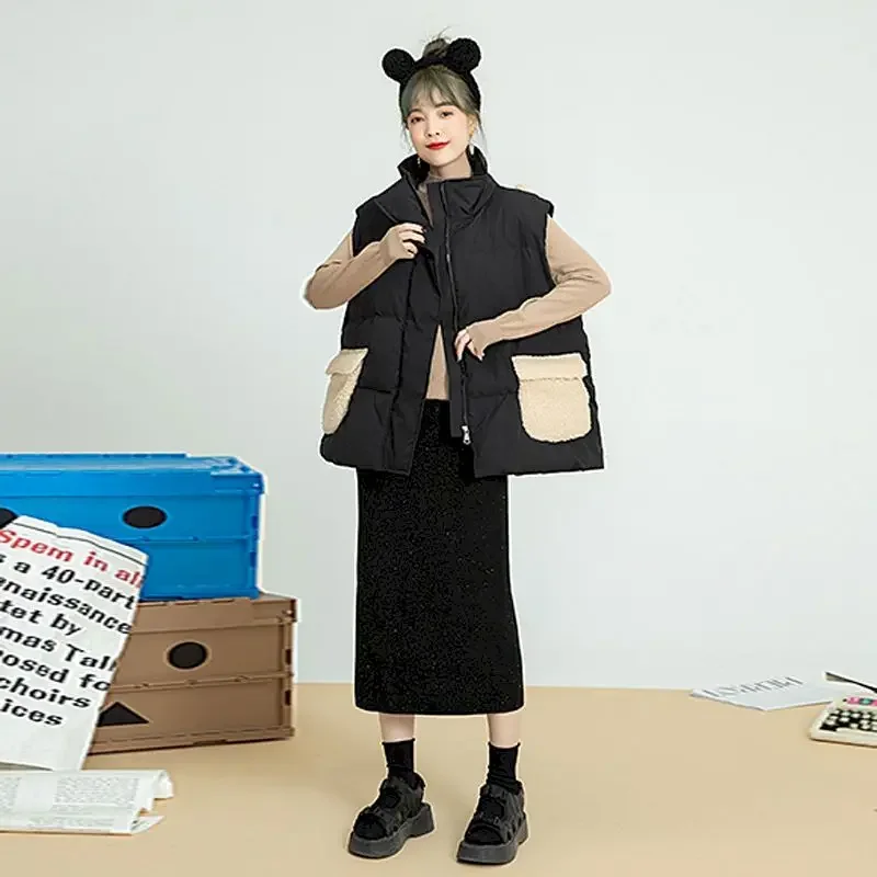 

Утепленный жилет в студенческом стиле, женское черное плюшевое пальто с высоким воротником, милый жилет с кроликом, зимний тренд, парки без рукавов