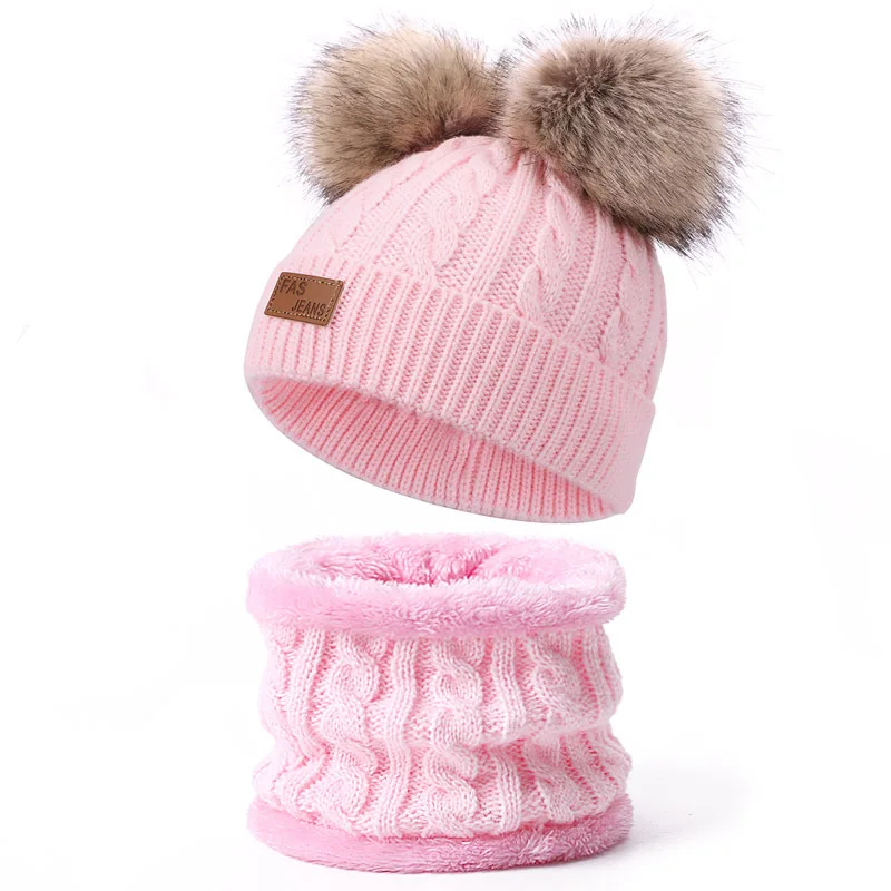 2025 New Winter Children's Bib Beanie Hat Two-piece Set Pom Baby Knitted Caps Girl Warm Wool Thickened Neck Cover