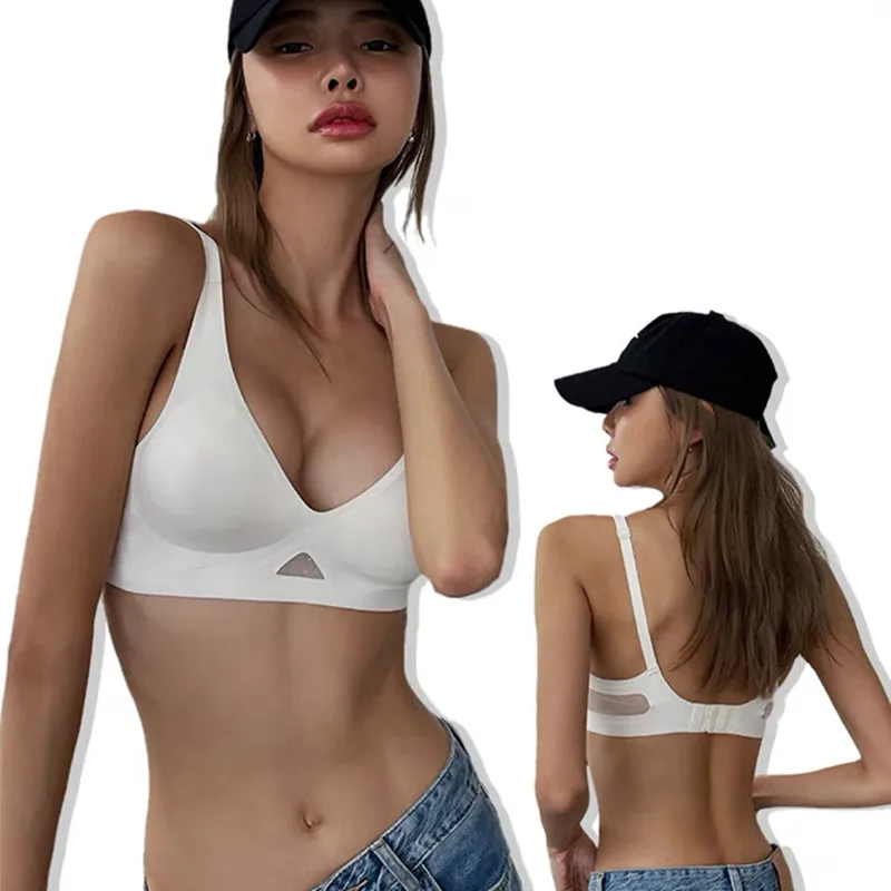 Push-Up-BHs mit V-Ausschnitt für Damen, Bügelloser BH, Nahtlose Unterwäsche, Unsichtbare gepolsterte Bralette, Atmungsaktive Mesh-Patchwork-Dessous S-XL – Detail 5