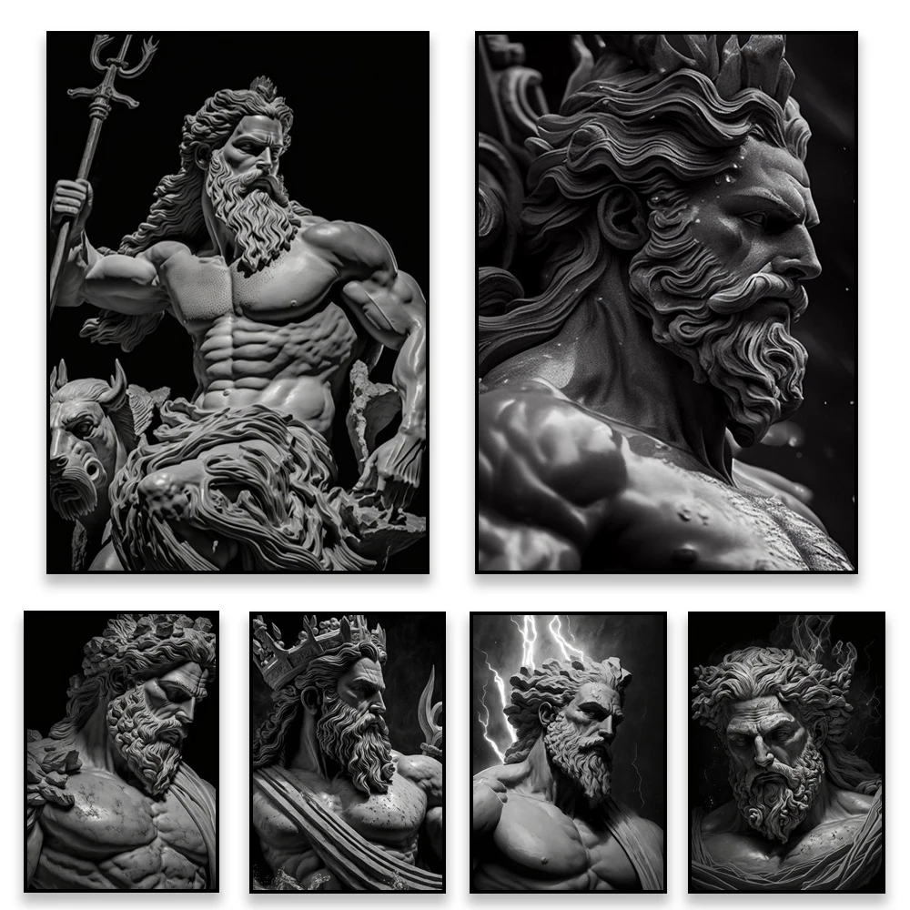 

Nordic Black and White Poster Zeus Sculpture Prints Greek Mythology Canvas Painting Ancient Home Living Room Decor Office Art