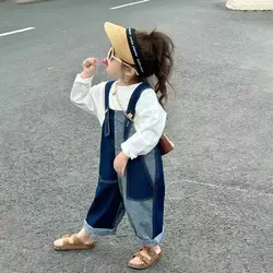 Children's Clothing 2025 Spring New Korean Version Baby Girl Suspender Pants Fashion Color Blocked Jeans Girls Suspender Jeans