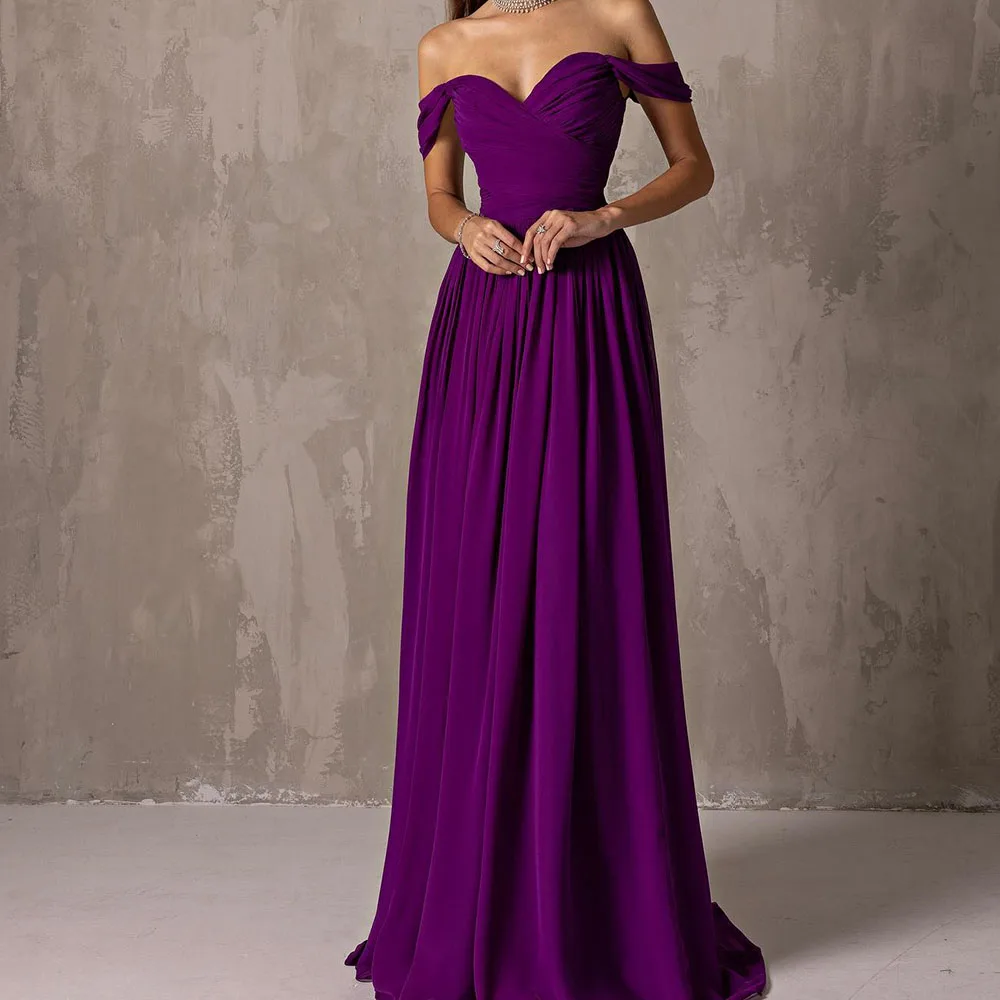 

Customized Temperament Chiffon Purple Off the Shoulder Evening Dress Fashion Strapless Straight Short Sleeves Celebrity Gowns