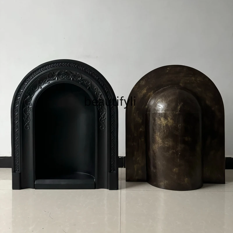 Curved Carved Frame Stone Fireplace Core Marble French Fireplace Matching Black Copper Arc