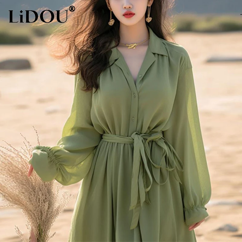 Spring Autumn Polo-neck Elegant Fashion Chiffon Dress Female Solid Color Buttons Long Sleeve Robe Women's Lace Up Casual Vestido