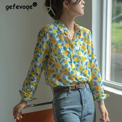 Spring Autumn Polo-neck Casual Fashion Printed Vintage Chiffon Blouse Long Sleeve Sweet All-match Cardigan Shirt Women Loose Top