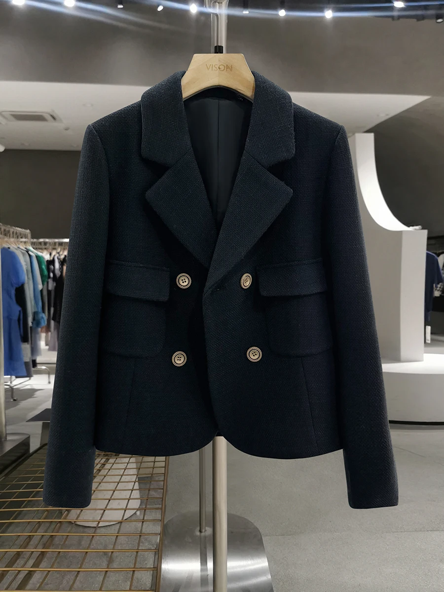 

Стильный короткий твидовый пиджак женский сине-черный в стиле ретро, модный, высококачественный, осенне-зимний, на пуговицах, с длинными рукавами, для офиса