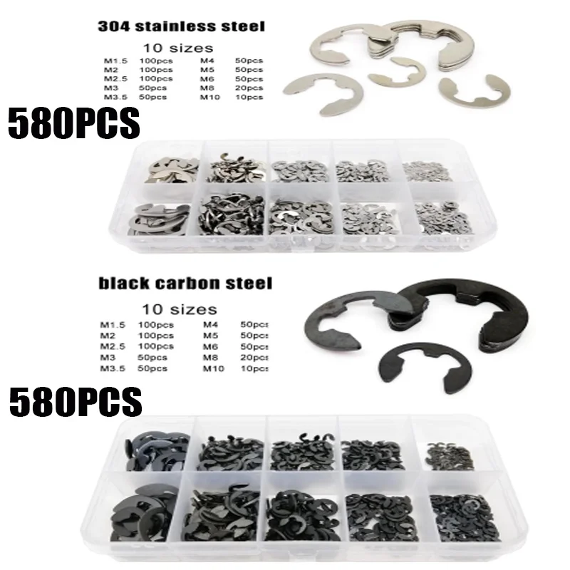 580pcs/Set Stainless Steel Ring E Clip Snap Circlip Washer Shaft External Retaining Gasket Fasteners Kit Assortment Kit 1.5-10mm