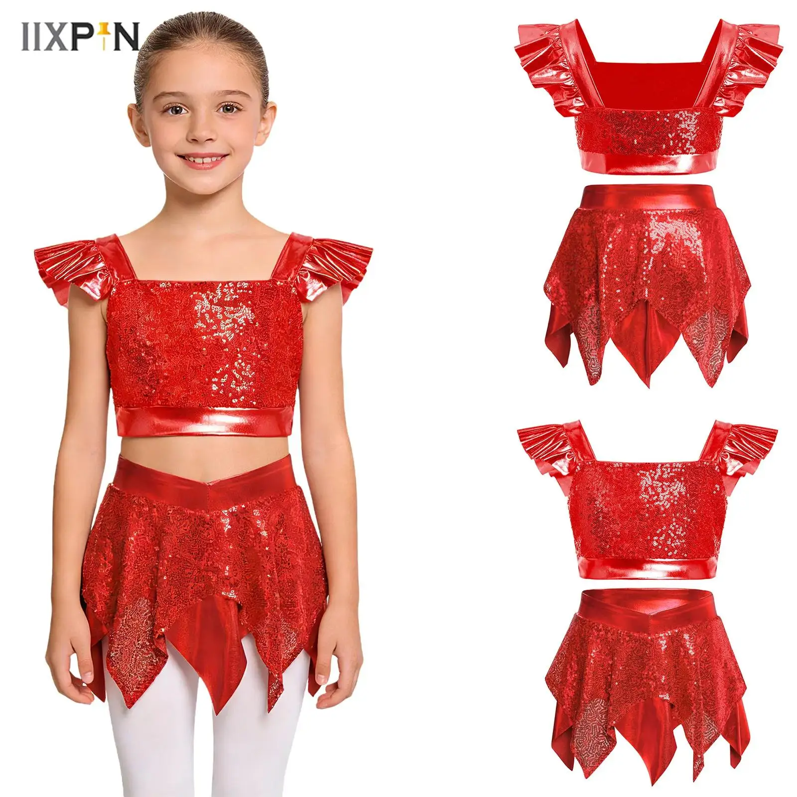 

Kids Girls Hip Hop Jazz Dress Outfits Set Metallic Disco Crop Top with Asymmetric Mini Skirt Cheerleading Performance Costume