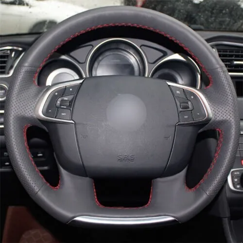

Hand-sewn Anti-slip Black Leather Red thread Steering Wheel Cover Wrap for Citroen C4 C4L 2011-2015 DS4 Decoration Accessories