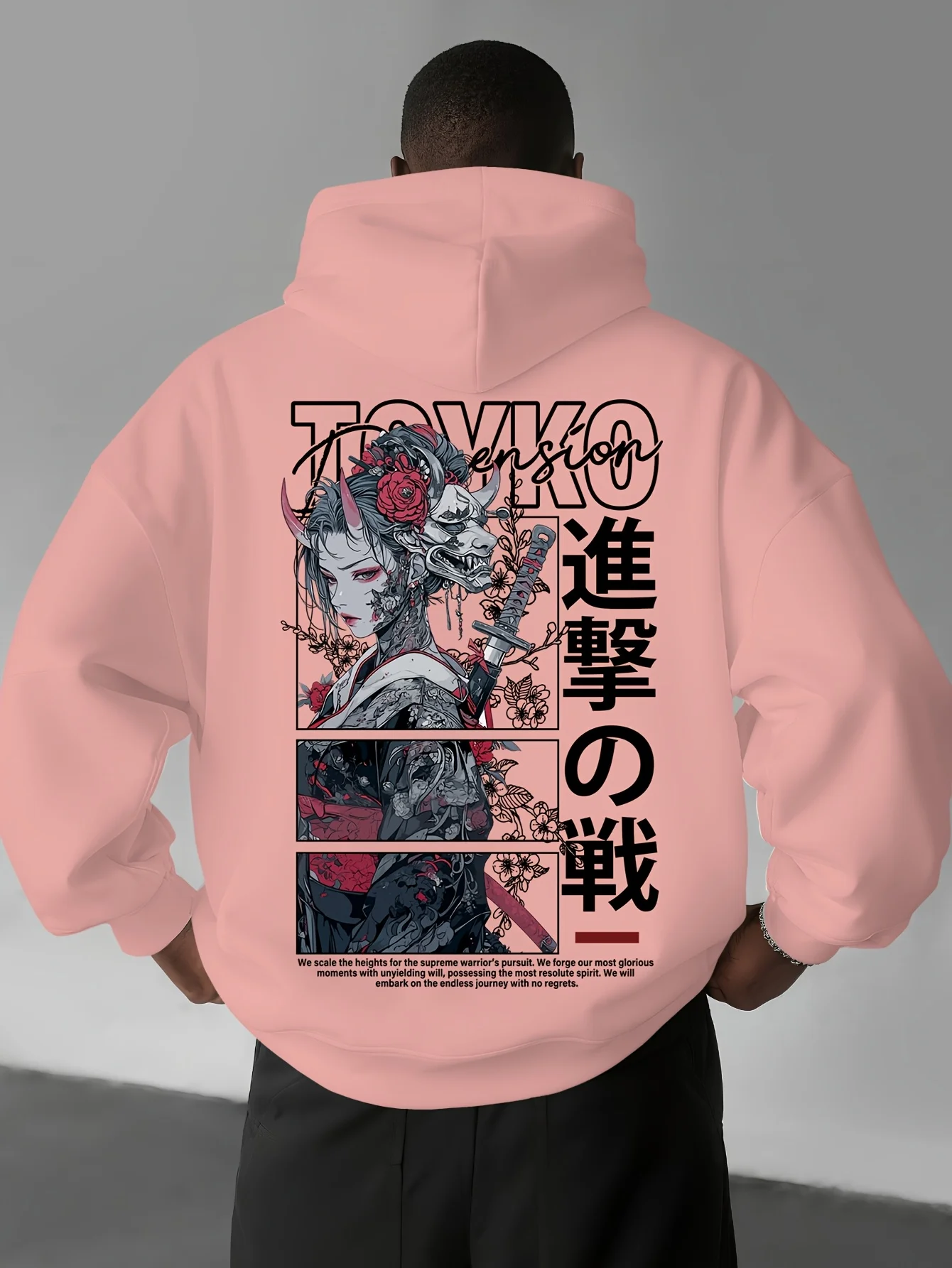 Japanese Anime Samurai Tokyo Letter Print Men Women Hooded Sweatshirt Autumn Winter Daily Vacation Fitness Loose Warm Sportswear