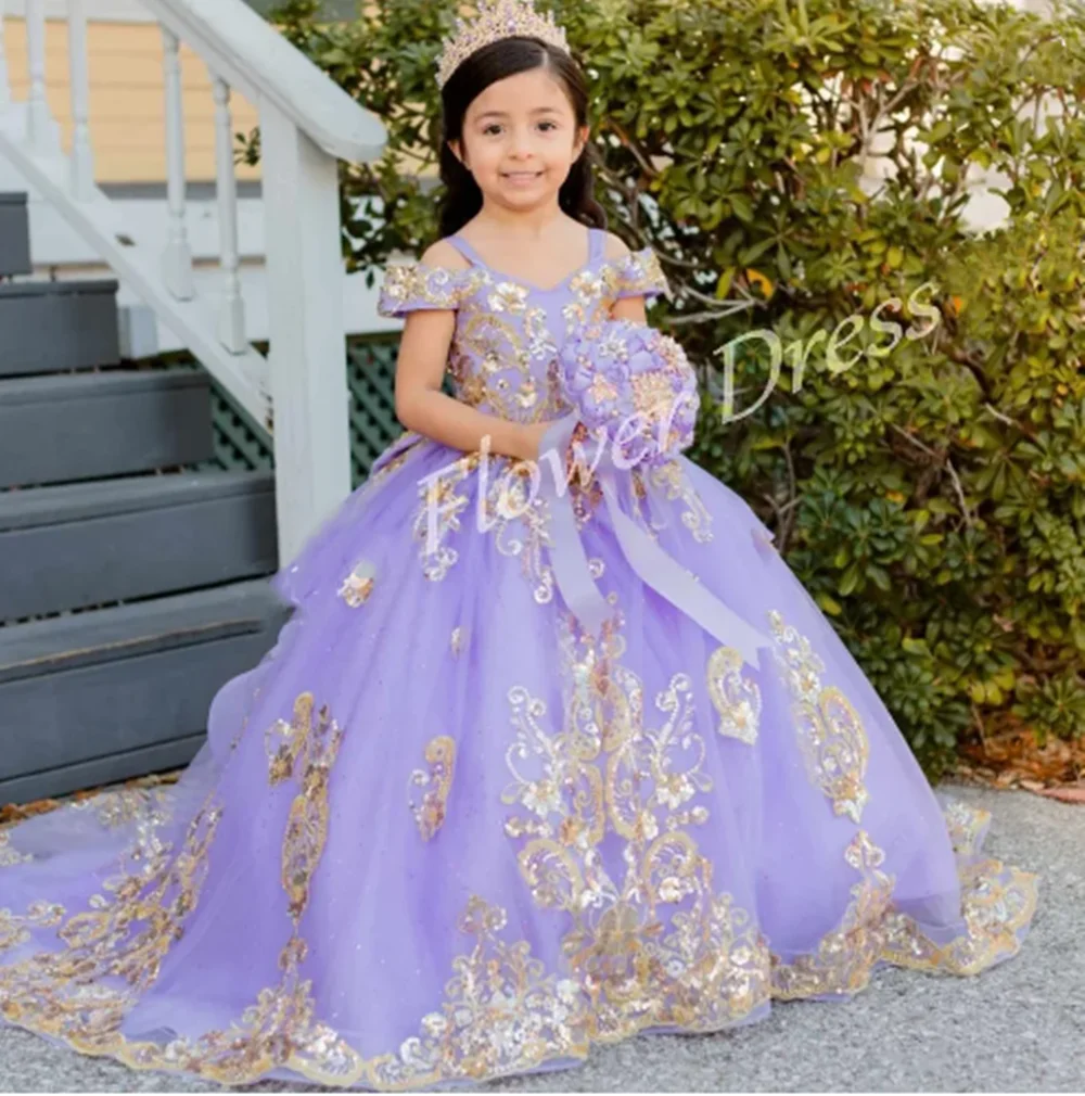 

Purple Flower Girl Dress Lace Appliques Off The Shoulder Floor Length Dresses For Wedding Gorgeous Birthday Party Gowns