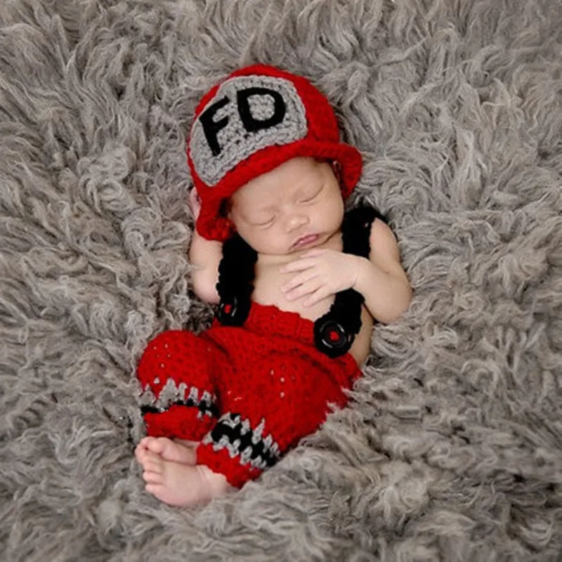 Newborn Boy 2PCS Baby Firefighter Costume Boy Girl Photo Outfits Newborn Photography Outfit Romper Children Handmade Hat Pants