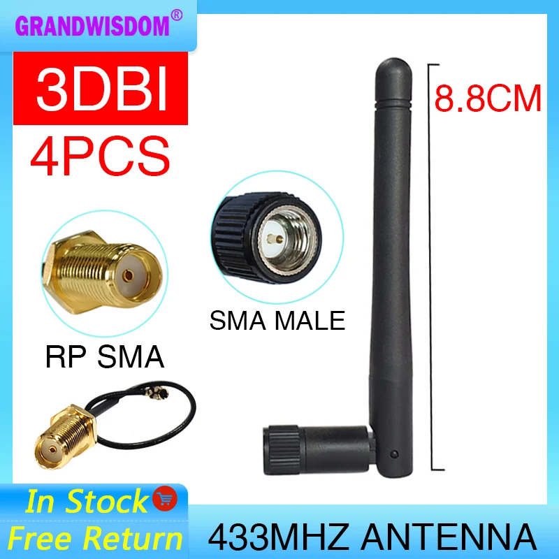 

GRANDWISDOM 4 шт. 433 МГц Антенна 3dbi sma штекер lora модуль lorawan антенна ipex 1 SMA Гнездовой удлинитель