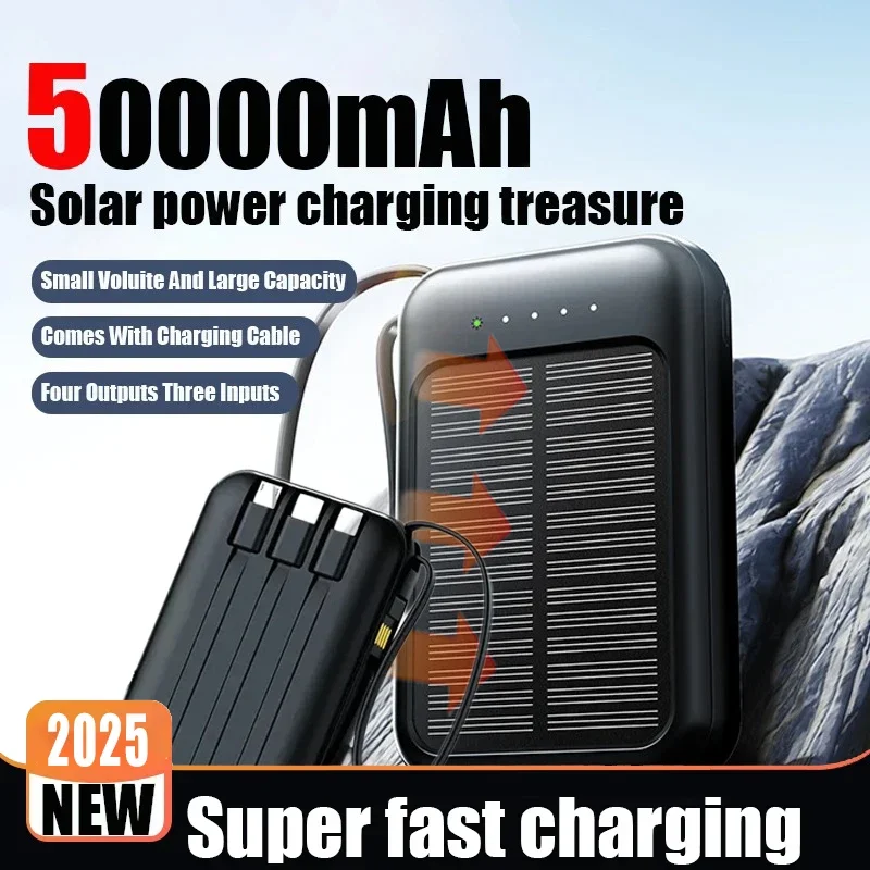 

50000 мАч Solar Power Bank Встроенные кабели Быстрое зарядное устройство 2 USB-порта Внешнее зарядное устройство Power Bank Светодиодный светильник для Iphone Xiaomi Samsung