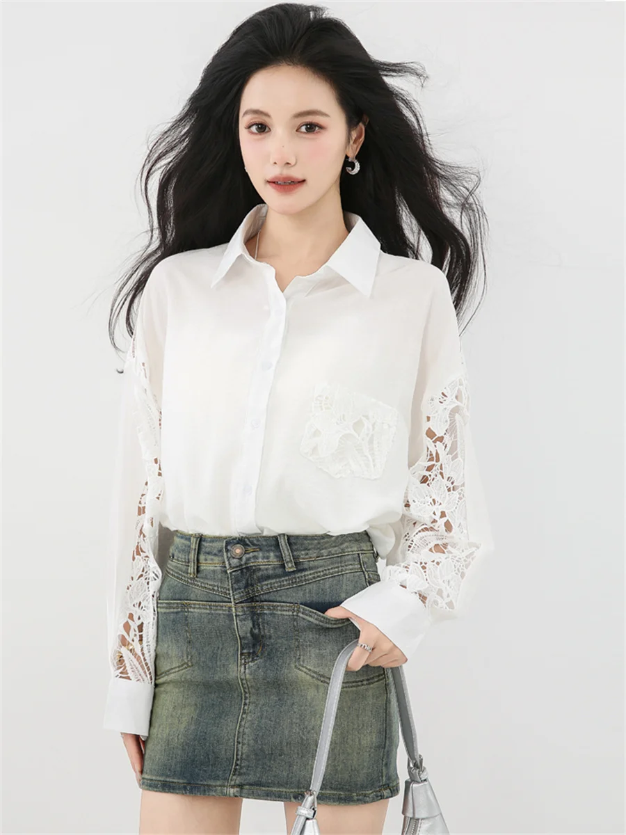 

French Vintage Lace Patchwork Shirt For Women 2025 Autumn New Style Elegant Loose-fitting Long-sleeved Blouse Professional