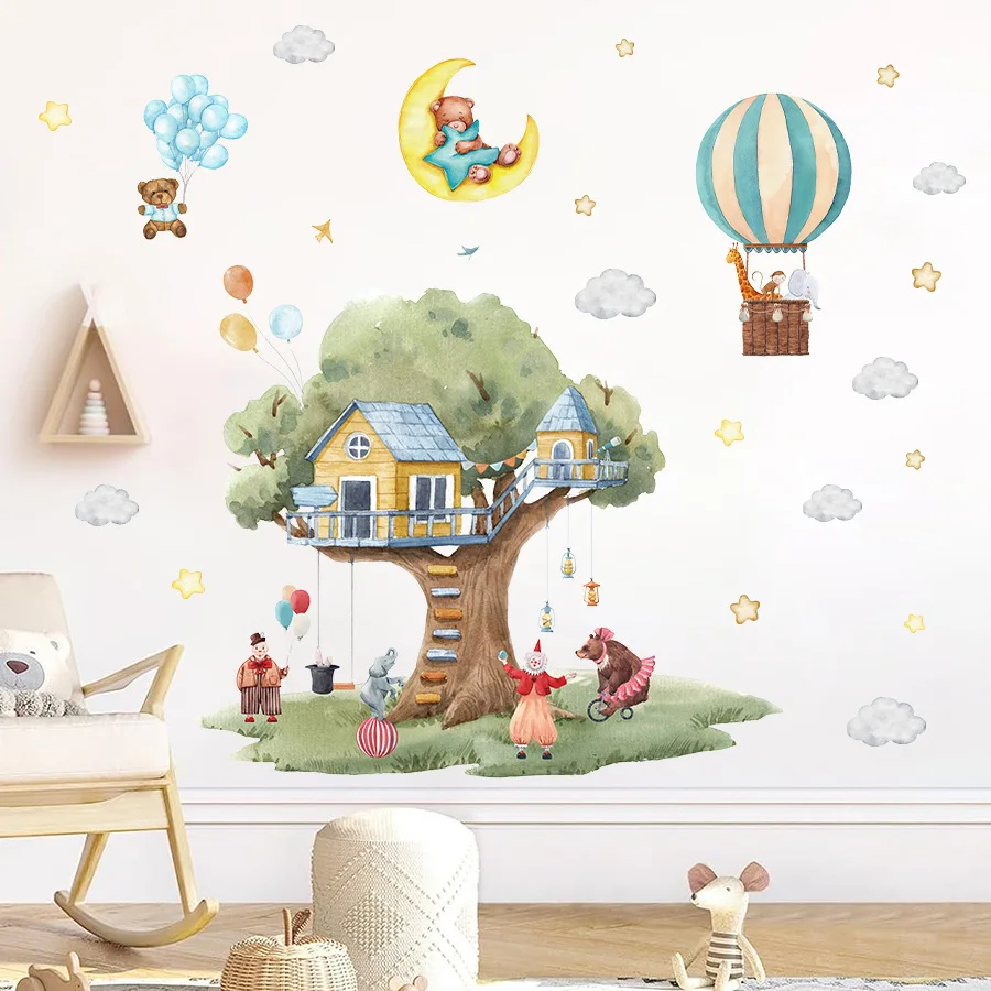 Cartoon Tree House Circus Animal Hot Air Balloon Wall Sticker Self-Adhesive for Kids Room Boys Bedroom Nursery Classroom Decor