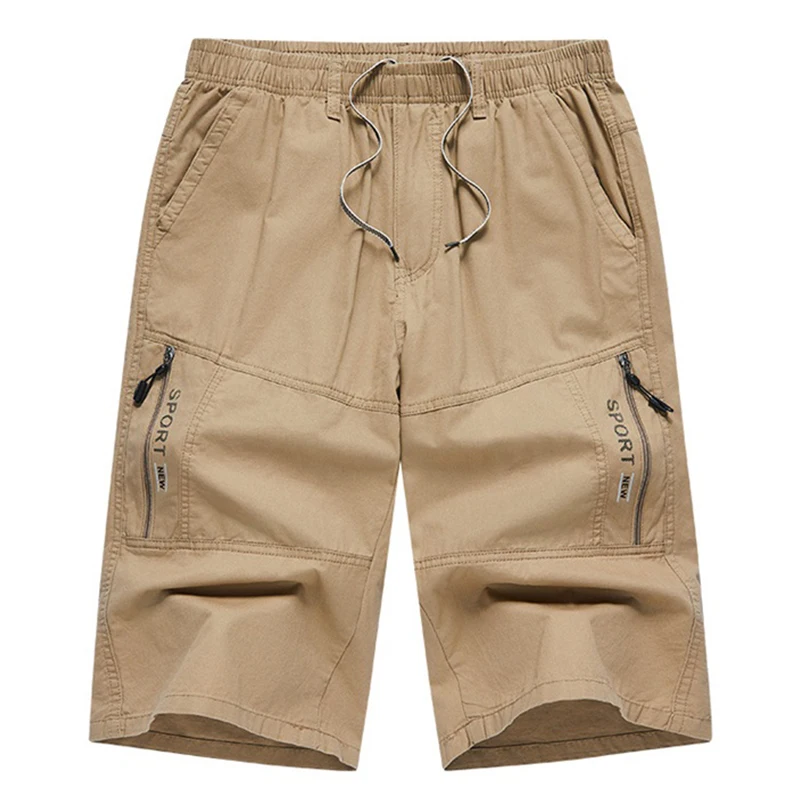 Summer Men Cotton Cargo Shorts Knee Pocket Casual Tactical Short Elastic Waist Climbing Sports Joggers Cropped Pants Male