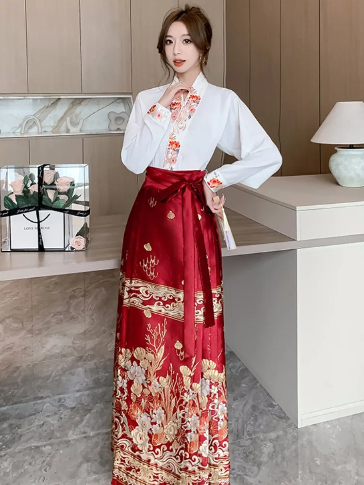 

Red Chinese Sle Small Size Modified Hanfu Skirt Set Women's Autumn Winter High Waist Long A-Line Print Embroidery f Skirt