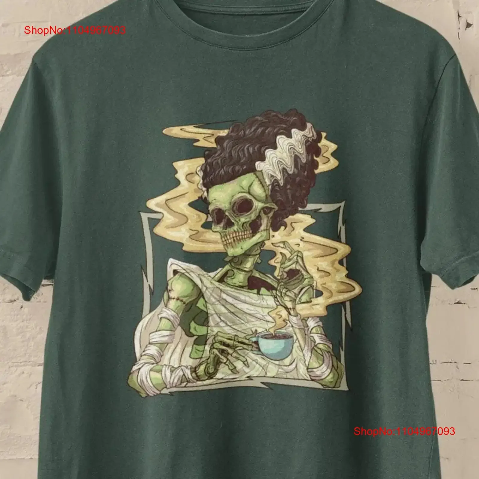 

Bride of Frankenstein Caffeine Lover T Shirt Halloween Monster Funny Spooky Coffee Horror vintage Washed fashion Stylish