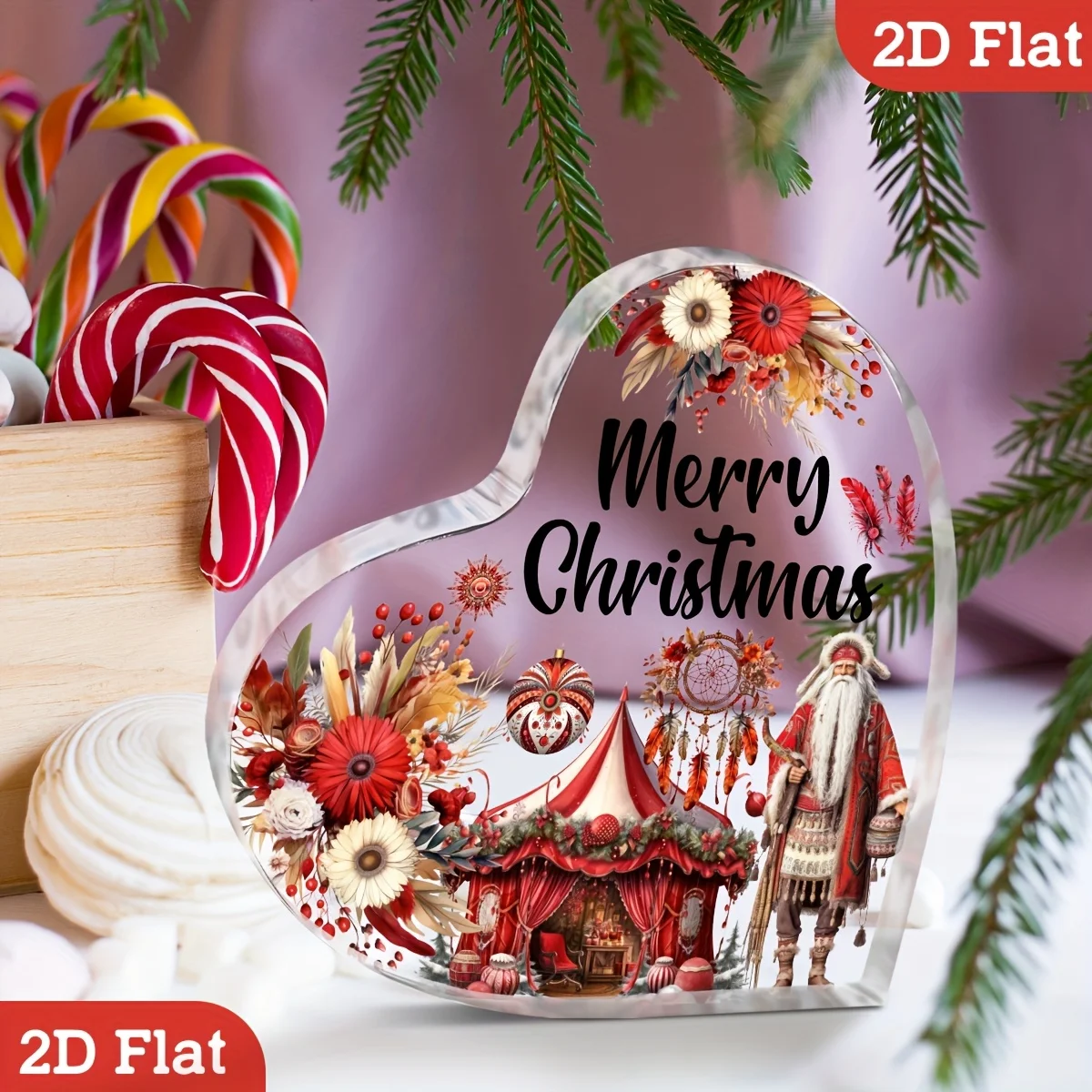 Merry Christmas Heart‑Shaped Acrylic Tabletop Plaque, Boho Santa Floral Tent Dreamcatcher Holiday Desk Decor
