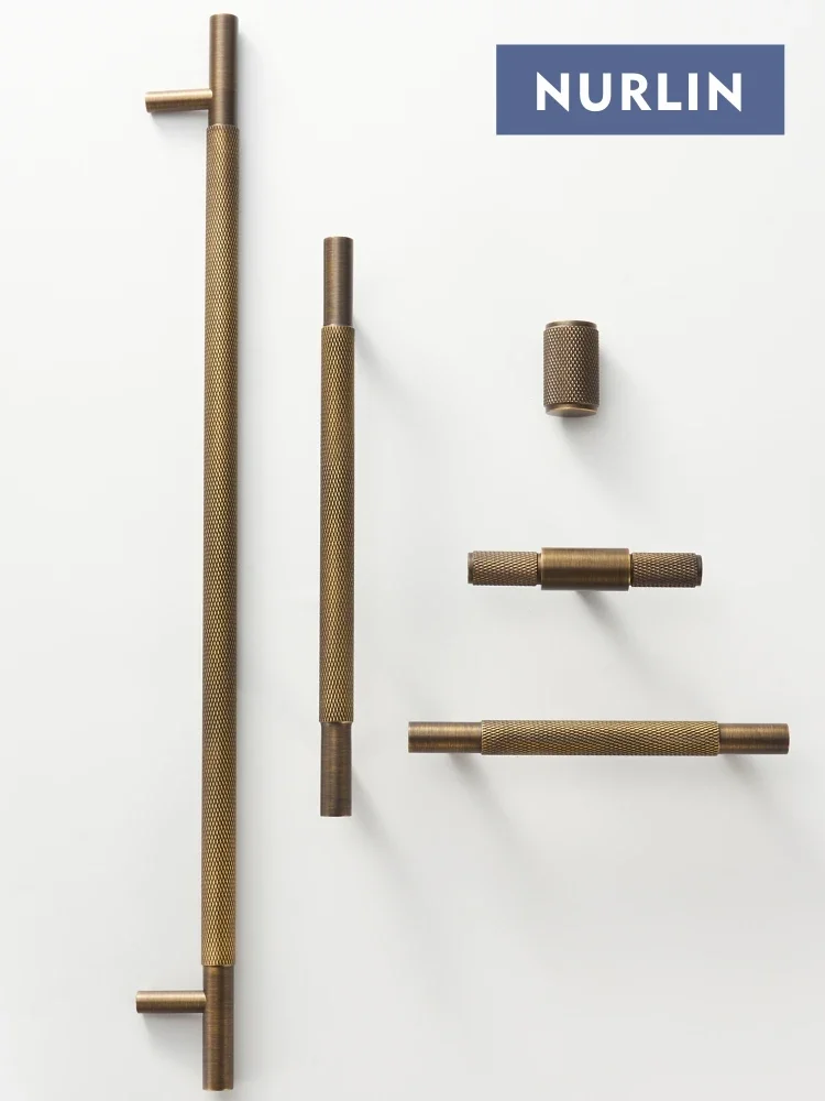 Nurlin Solid Brass Diamond-cut Cross Knurl Pattern Antique Brass Kitchen Cabinet Handles Wardrobe Pull T-bar Knobs