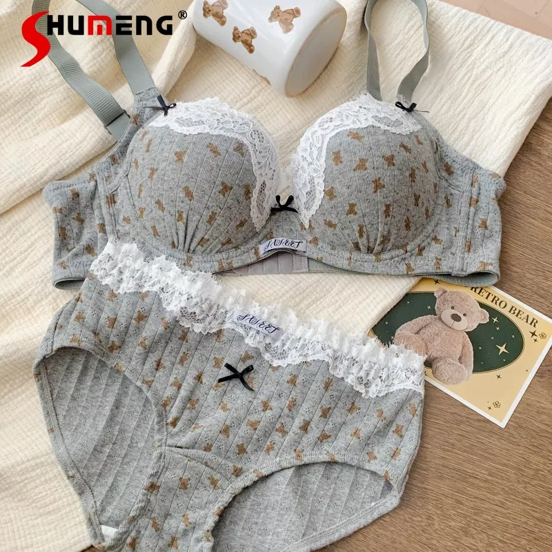

Sweet Soft Underwire Bra Set for Large Bust Women Thin Push Up Printed Brief Suits Female Japanese Style Sweet Intimates