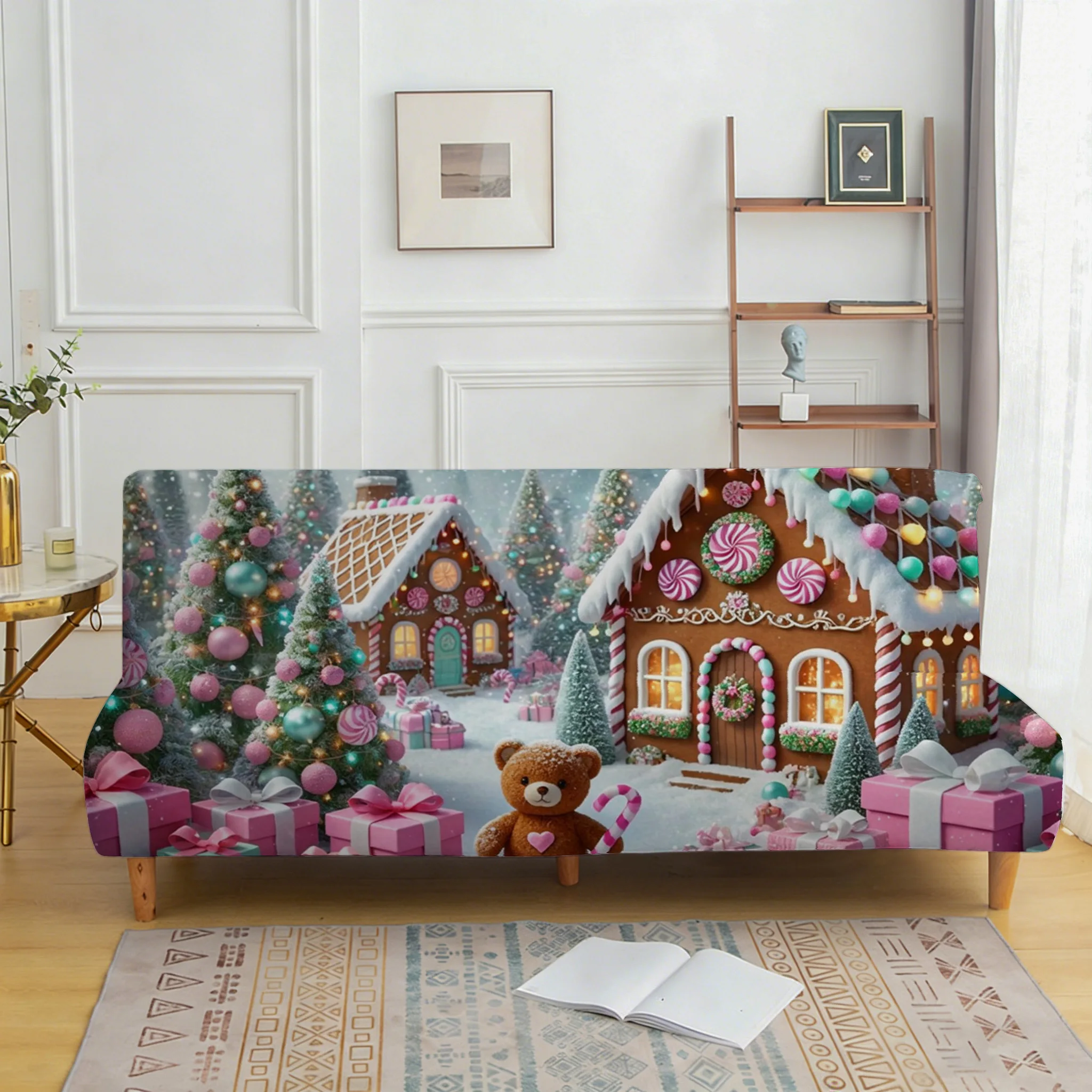 1PC Christmas Gingerbread House Teddy Bear Printed Elastic Folding Sofa Bed Cover, Holiday party Decoration Armless Sofa cover