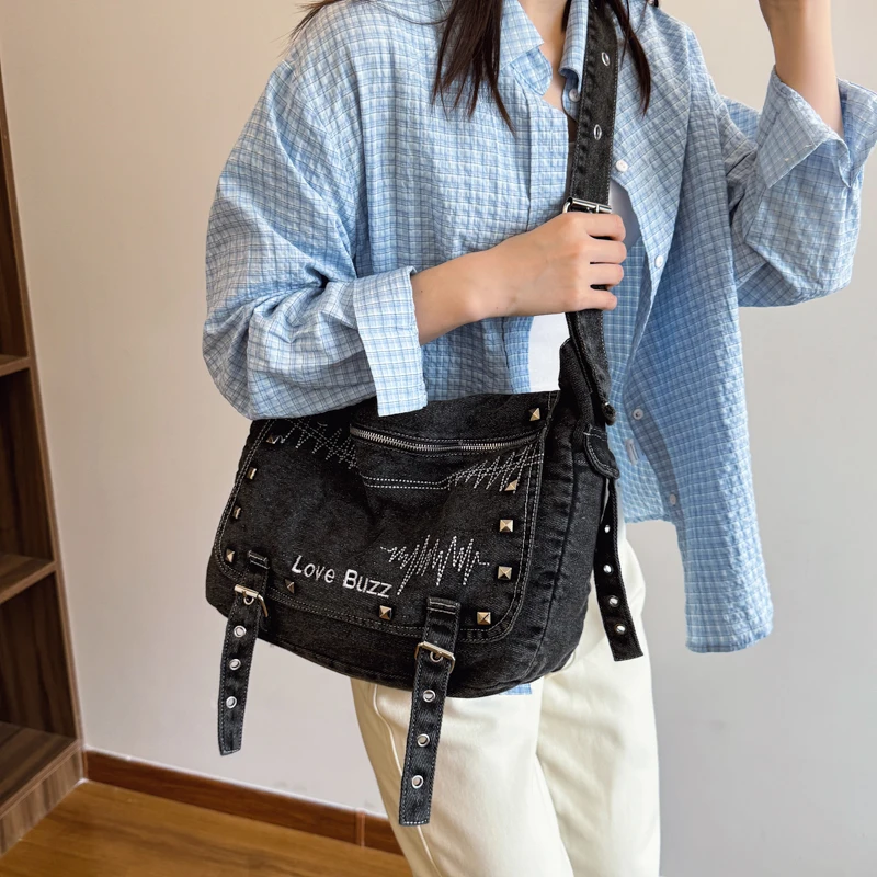 Tiptoegirls الصلبة الدنيم النسيج الإناث الكتف حقيبة ساعي موضة حقيبة كتف للتسوق المسامير خمر حفلة حقيبة المرأة عادية #2