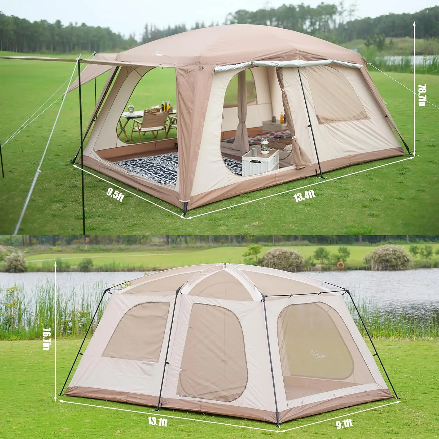 8-10 Person Camping Tent with 3 Door 2 Room Large Family Cabin Tents, Double Layer Waterproof Portable Glamping Tent,