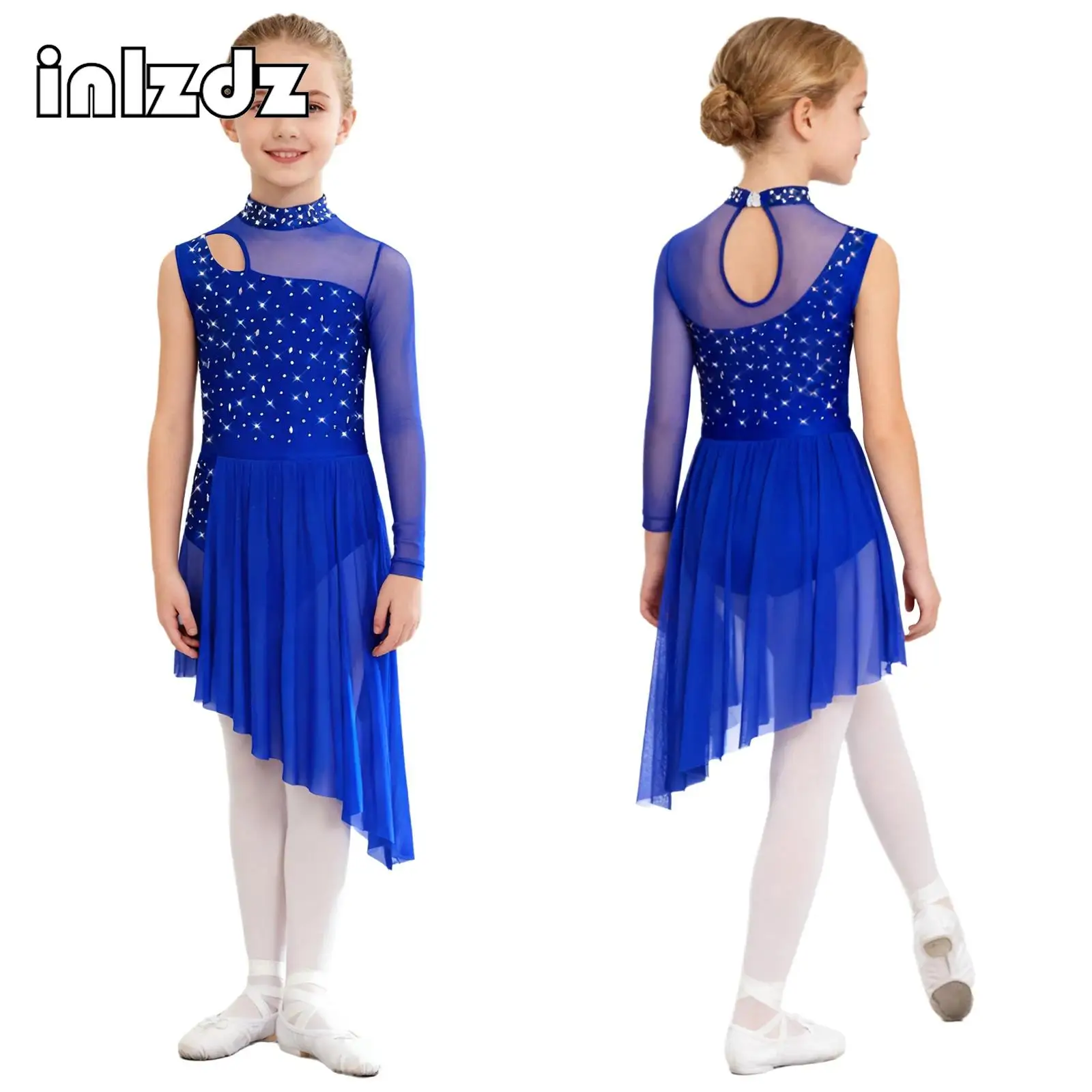

Kids Girls Lyrical Modern Dance Dress Ballet Dance Gymnastics Performance Costume Rhinestones Sheer Mesh Split Leotard Dancewear