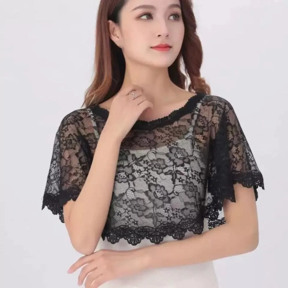 

Shirt Cover Hollow Out Lace Cover Up Tops Retro French Style Lace Shawl Poncho Mesh Elegant Lace Neckline Evening Party Costume