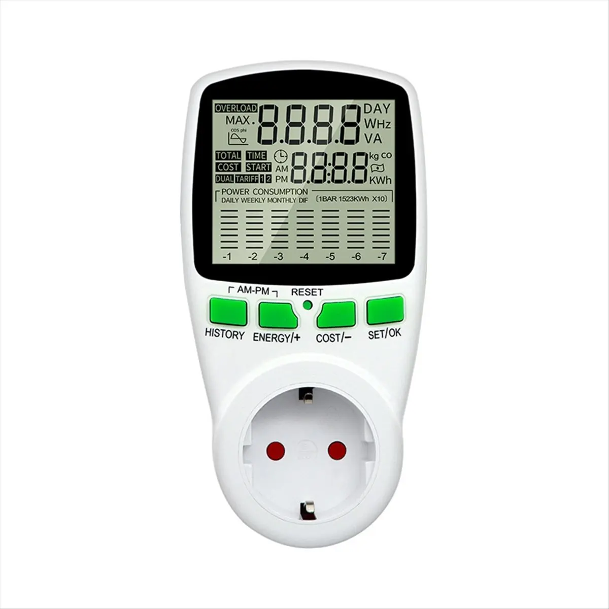 A78I Digital LCD Energy Meter Wattmeter Wattage Electricity Kwh Power Meter Measuring Measuring Outlet Power Analyzer EU Plug