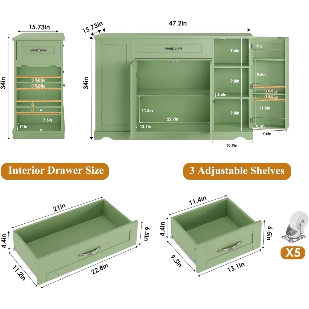 عربة جزيرة المطبخ مع مساحة تخزين، 47 طاولة دوارة على عجلات، درجين، جزيرة تخزين المطبخ بارتفاع قابل للتعديل